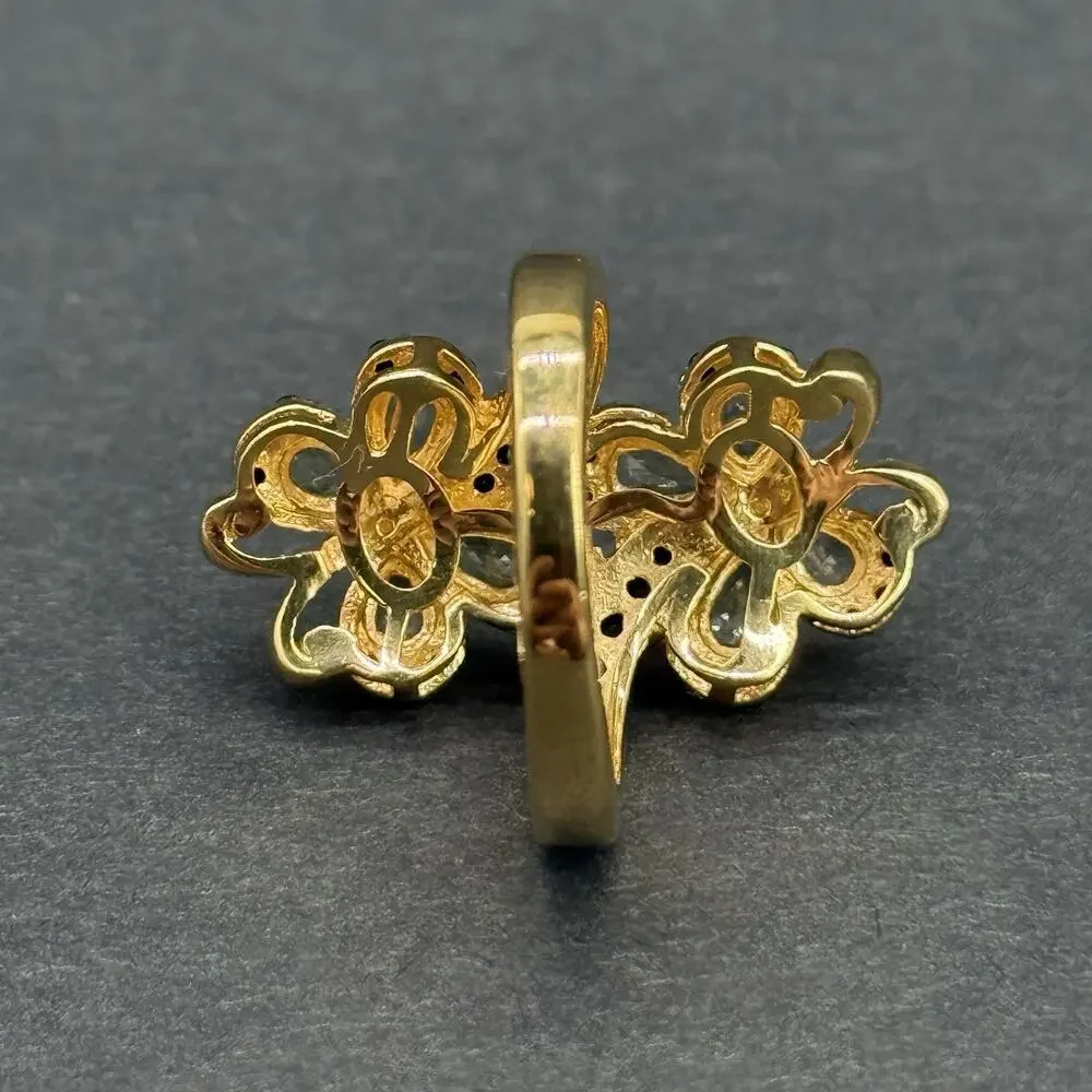Signed STS 925 Sterling Silver Gold Plated Dual Butterfly Cocktail Ring Size 9